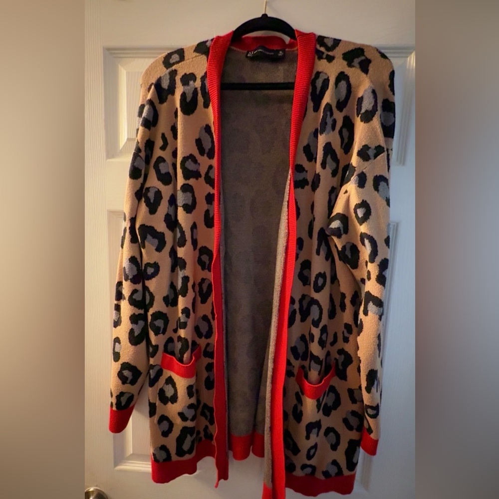 New York & Company Leopard Print Cardigan - Red and Tan